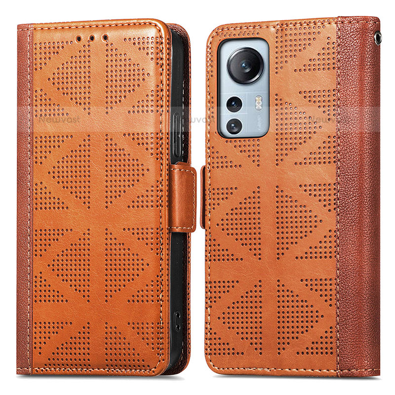 Leather Case Stands Flip Cover Holder S03D for Xiaomi Mi 12S 5G Brown