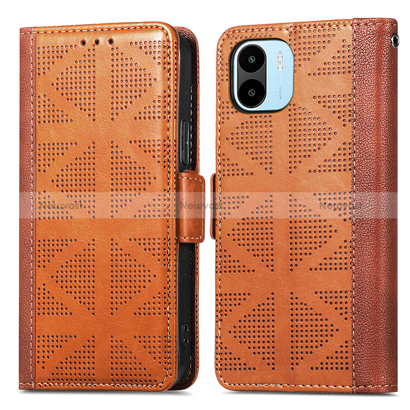 Leather Case Stands Flip Cover Holder S03D for Xiaomi Poco C51 Brown