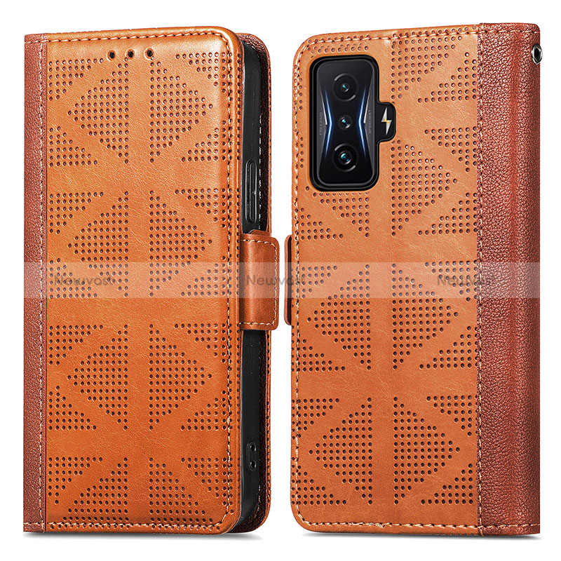 Leather Case Stands Flip Cover Holder S03D for Xiaomi Redmi K50 Gaming 5G Brown