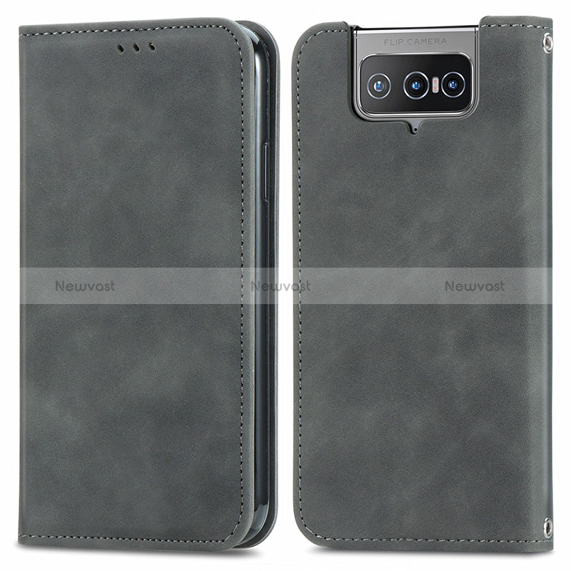 Leather Case Stands Flip Cover Holder S04D for Asus Zenfone 7 Pro ZS671KS Gray