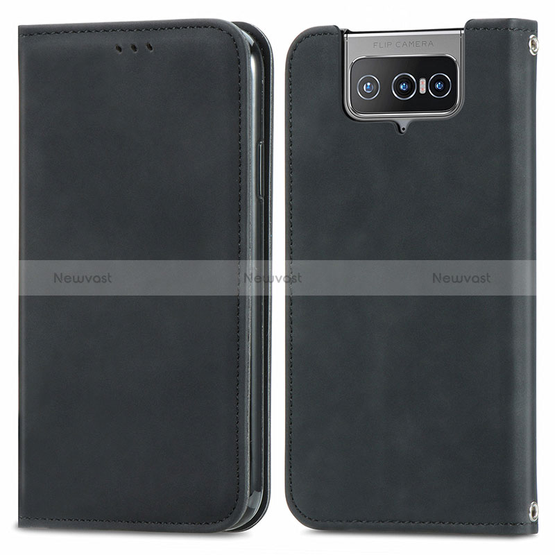 Leather Case Stands Flip Cover Holder S04D for Asus Zenfone 7 ZS670KS Black
