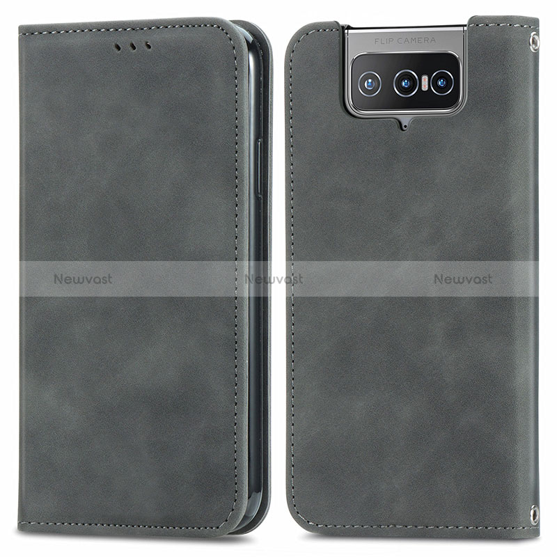 Leather Case Stands Flip Cover Holder S04D for Asus Zenfone 7 ZS670KS Gray