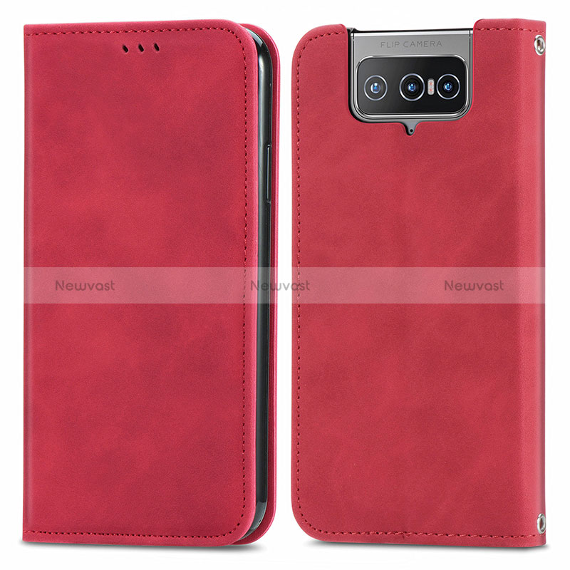 Leather Case Stands Flip Cover Holder S04D for Asus ZenFone 8 Flip ZS672KS Red