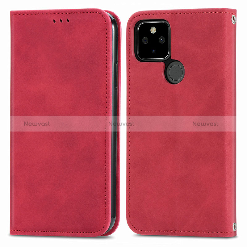 Leather Case Stands Flip Cover Holder S04D for Google Pixel 5a 5G Red