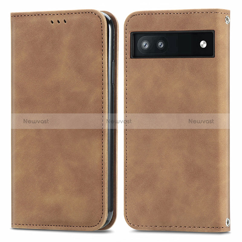 Leather Case Stands Flip Cover Holder S04D for Google Pixel 6a 5G Brown