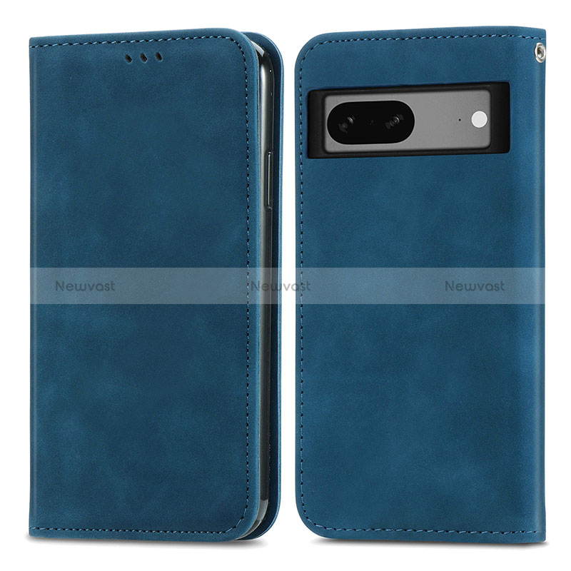 Leather Case Stands Flip Cover Holder S04D for Google Pixel 7a 5G Blue