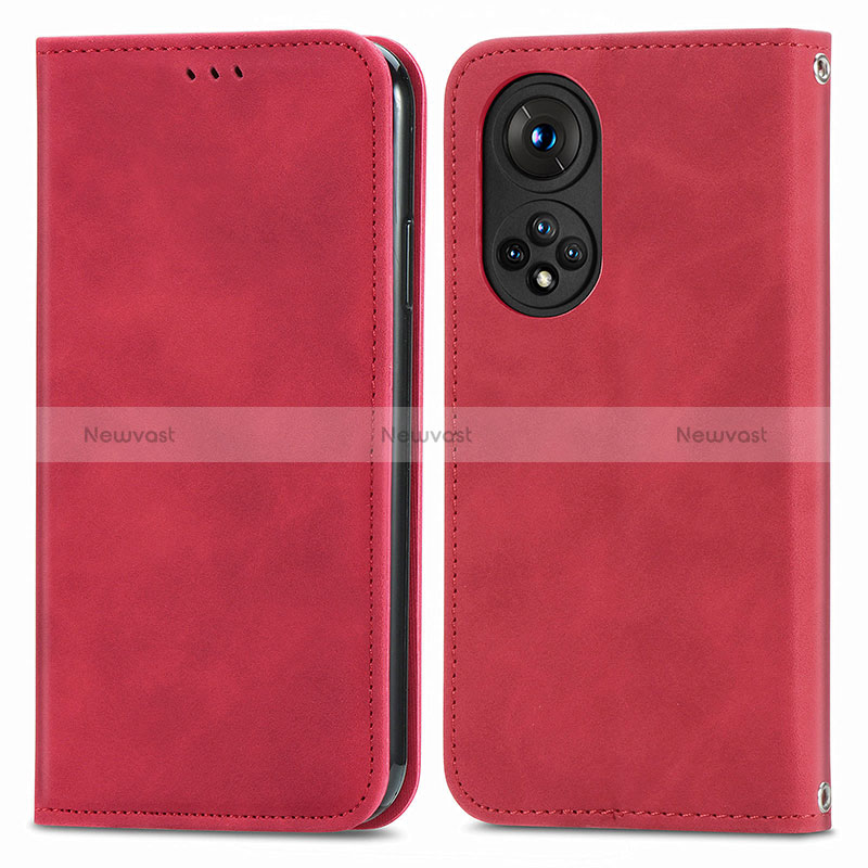 Leather Case Stands Flip Cover Holder S04D for Huawei Honor 50 Pro 5G Red