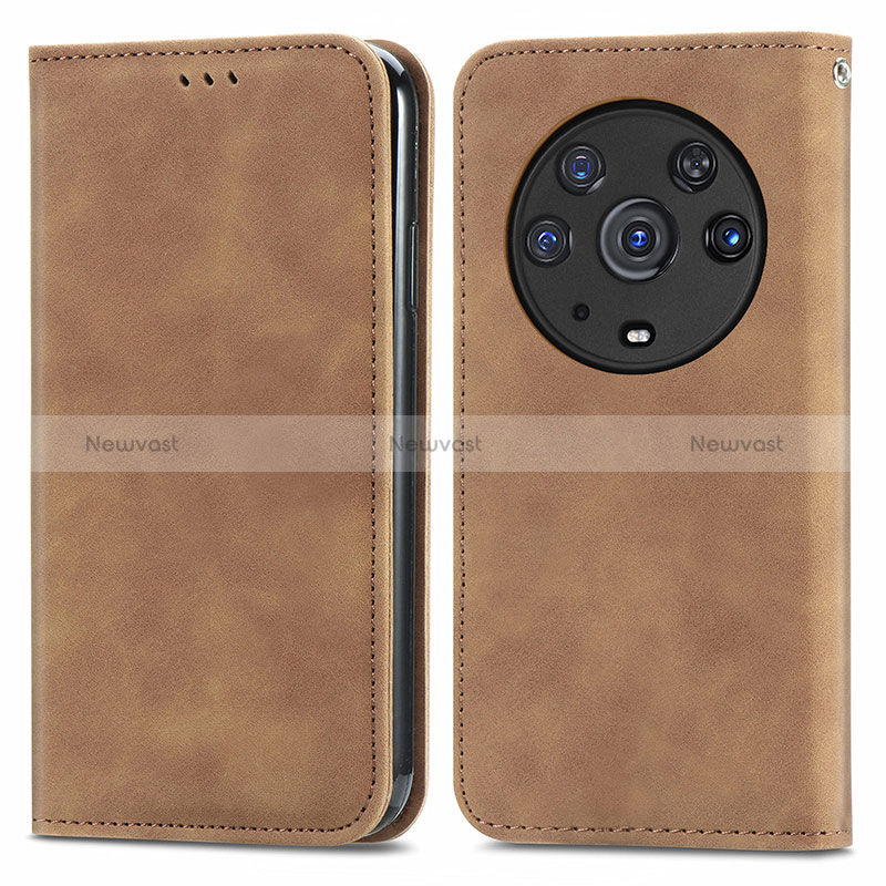 Leather Case Stands Flip Cover Holder S04D for Huawei Honor Magic3 Pro 5G Brown