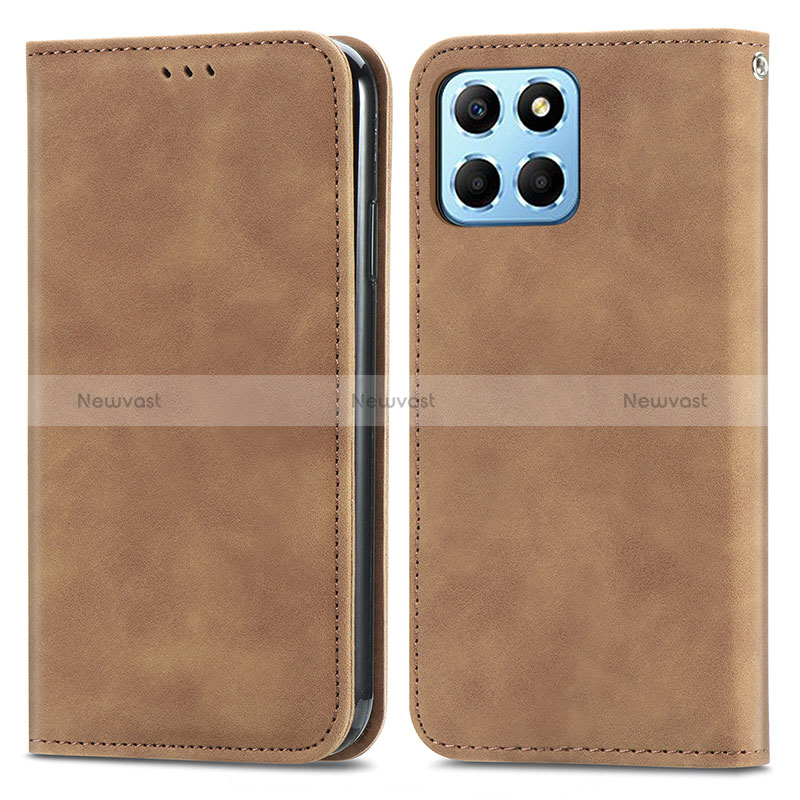 Leather Case Stands Flip Cover Holder S04D for Huawei Honor X6 5G Brown