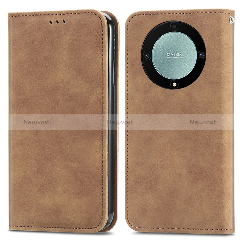 Leather Case Stands Flip Cover Holder S04D for Huawei Honor X9a 5G Brown