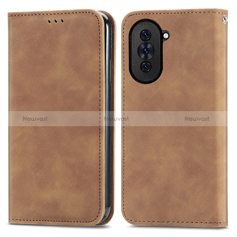 Leather Case Stands Flip Cover Holder S04D for Huawei Nova 10 Brown