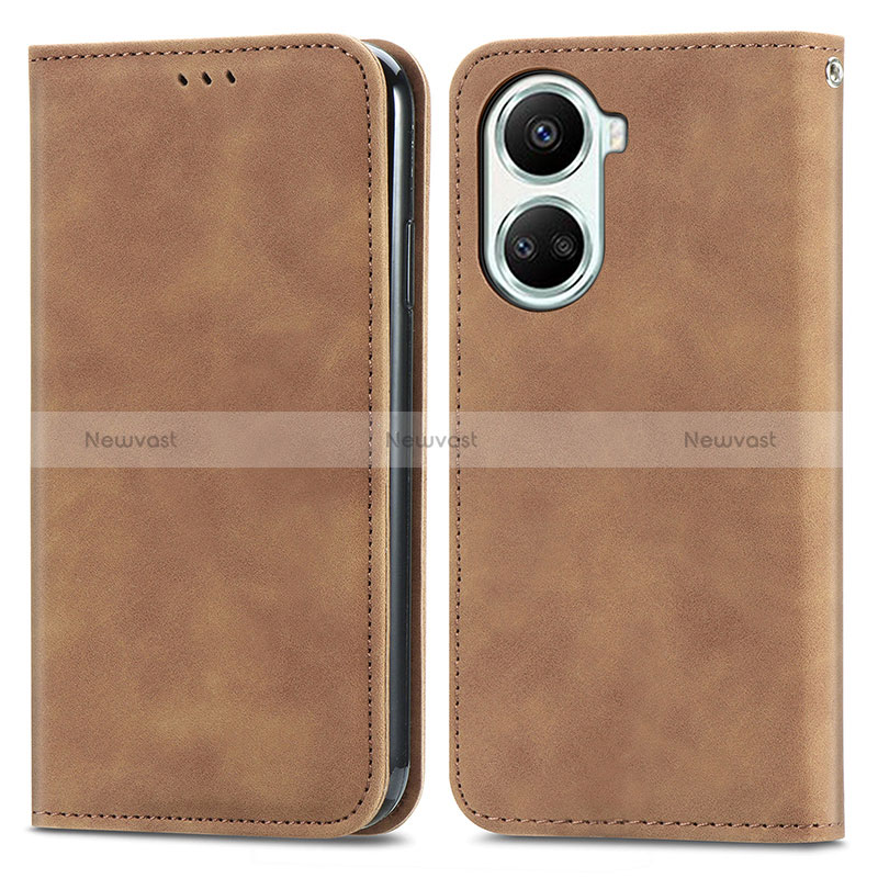 Leather Case Stands Flip Cover Holder S04D for Huawei Nova 10 SE Brown