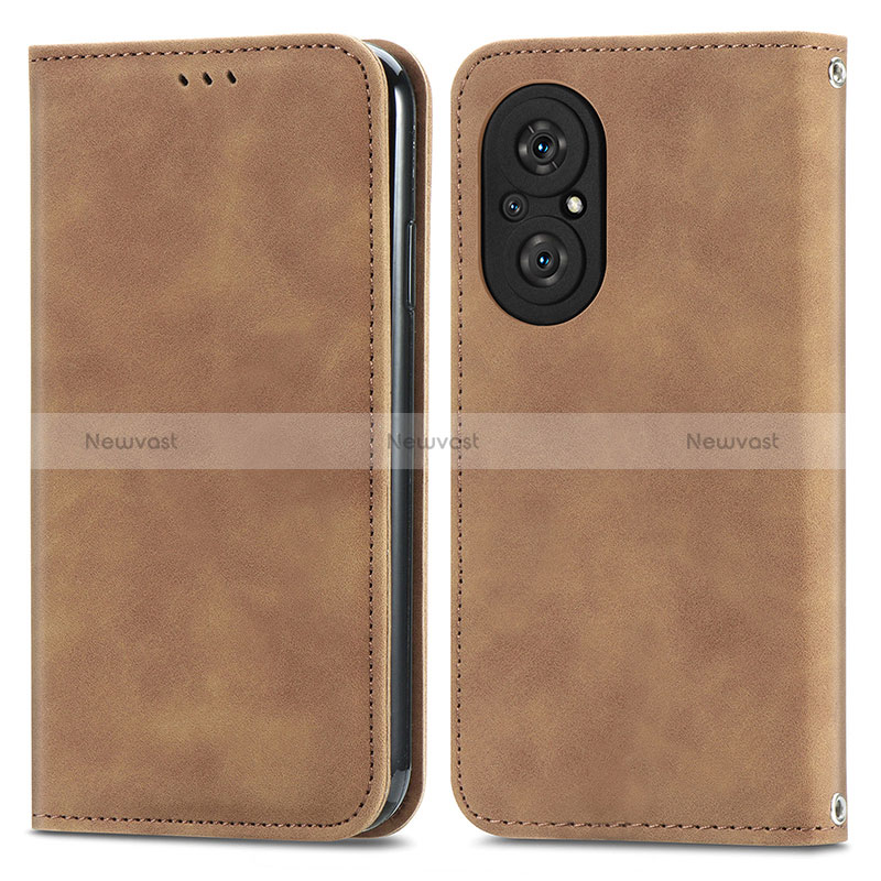 Leather Case Stands Flip Cover Holder S04D for Huawei Nova 9 SE Brown