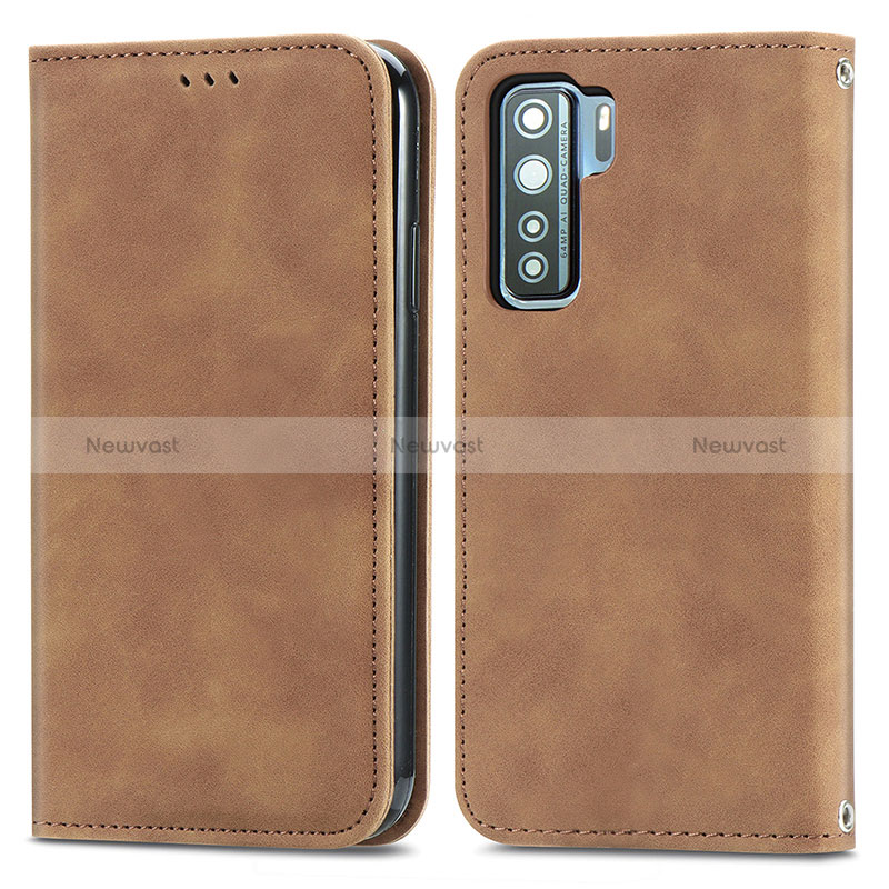 Leather Case Stands Flip Cover Holder S04D for Huawei P40 Lite 5G Brown