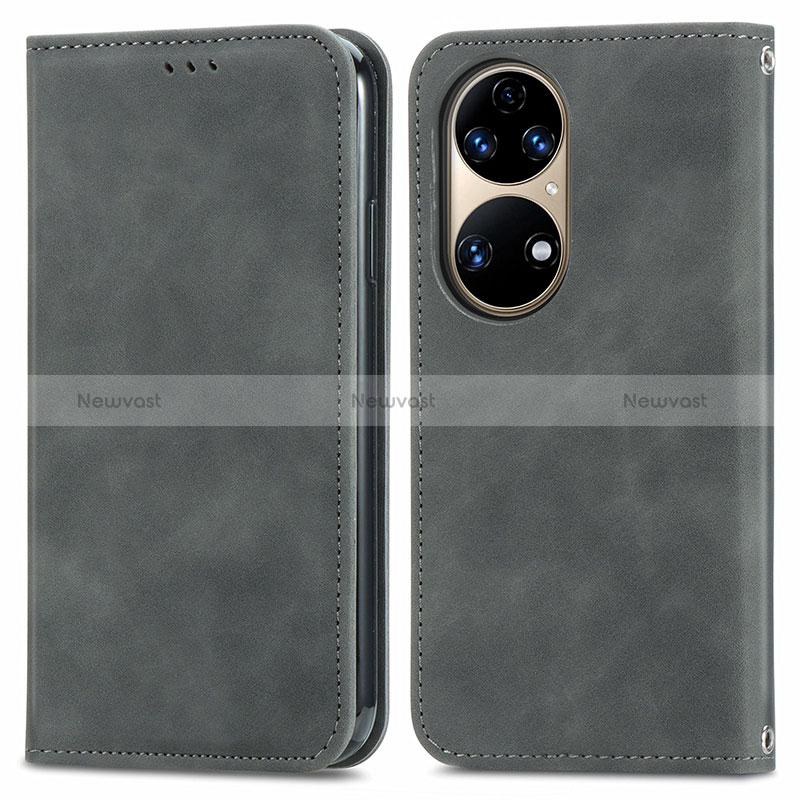 Leather Case Stands Flip Cover Holder S04D for Huawei P50 Gray