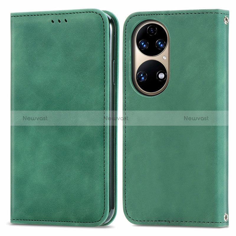 Leather Case Stands Flip Cover Holder S04D for Huawei P50 Green