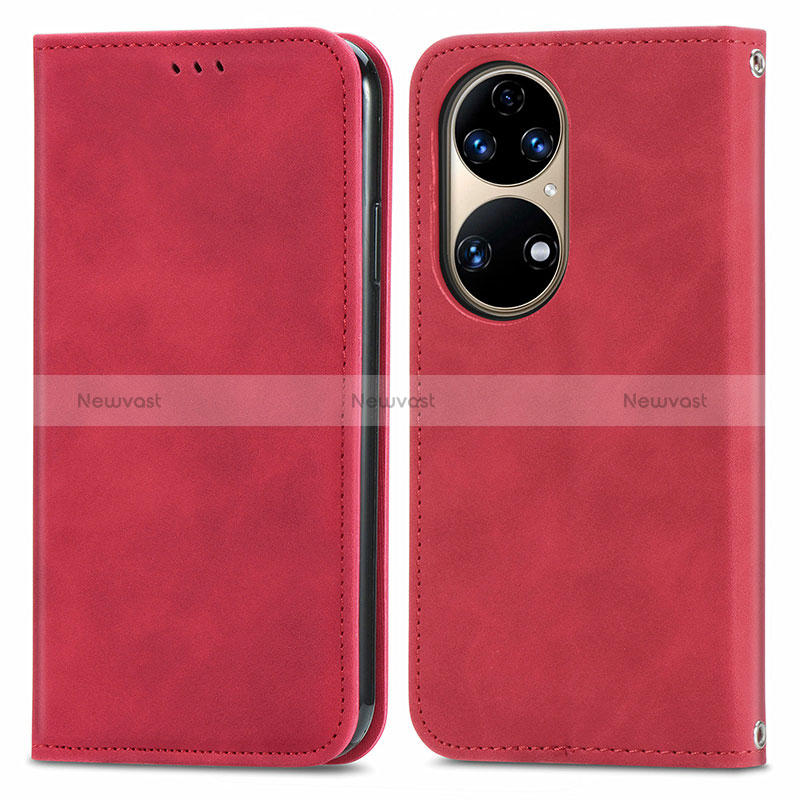 Leather Case Stands Flip Cover Holder S04D for Huawei P50e Red