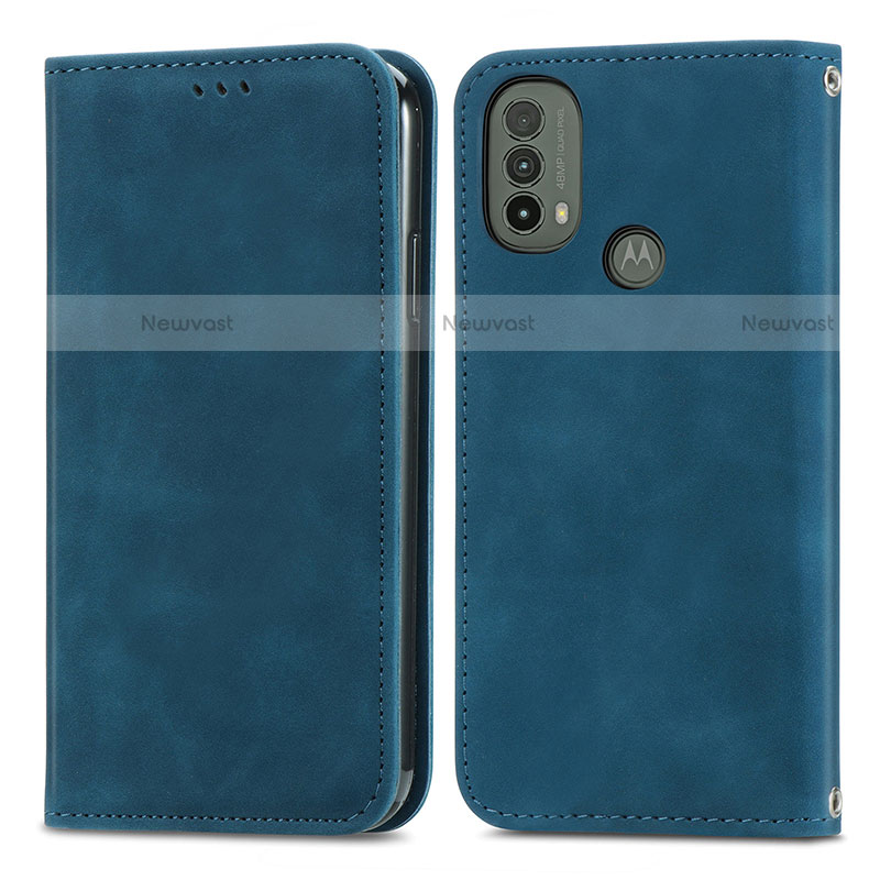 Leather Case Stands Flip Cover Holder S04D for Motorola Moto E20 Blue