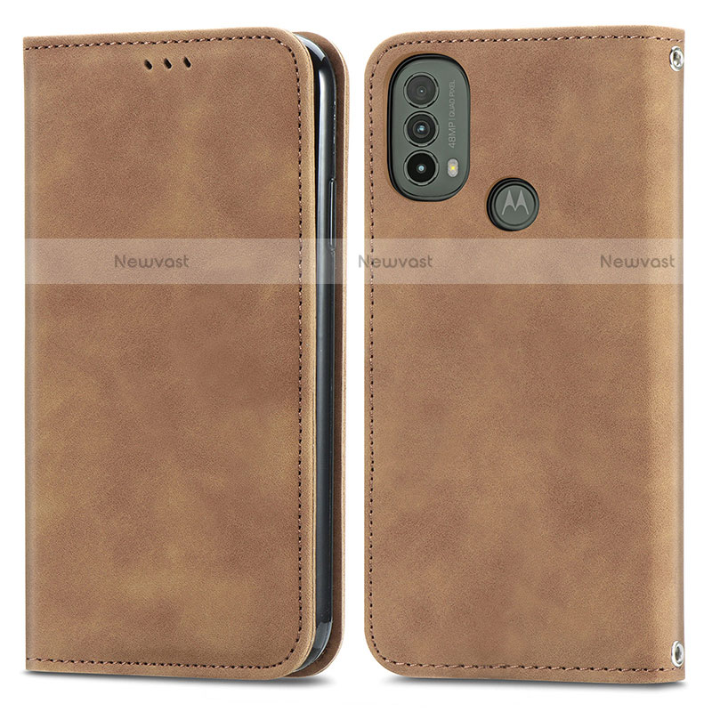 Leather Case Stands Flip Cover Holder S04D for Motorola Moto E20 Brown