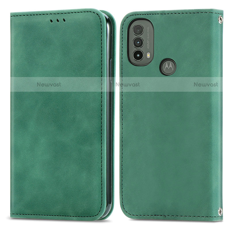 Leather Case Stands Flip Cover Holder S04D for Motorola Moto E20 Green