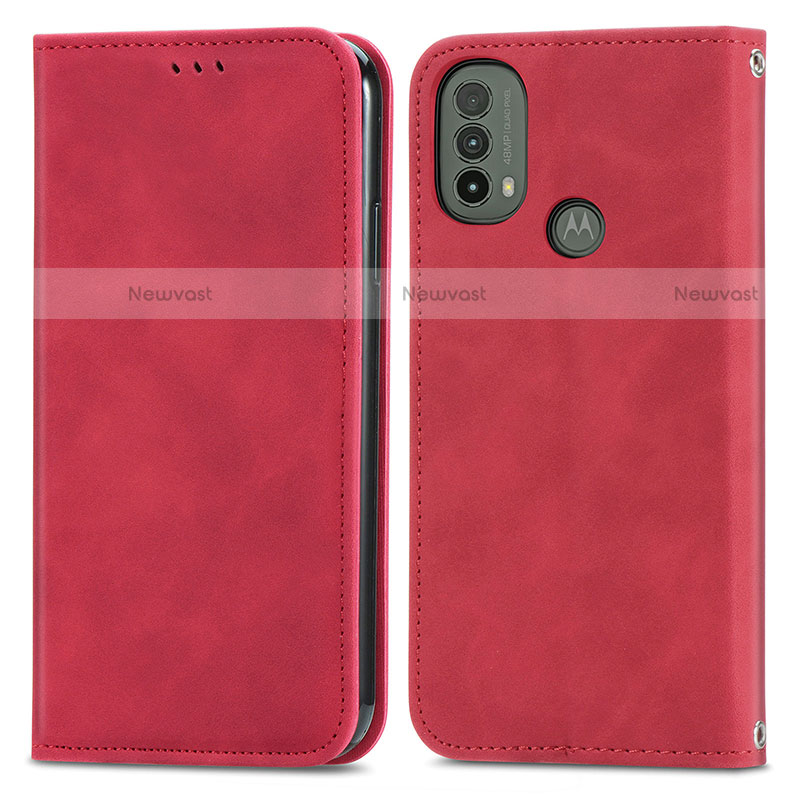 Leather Case Stands Flip Cover Holder S04D for Motorola Moto E20 Red