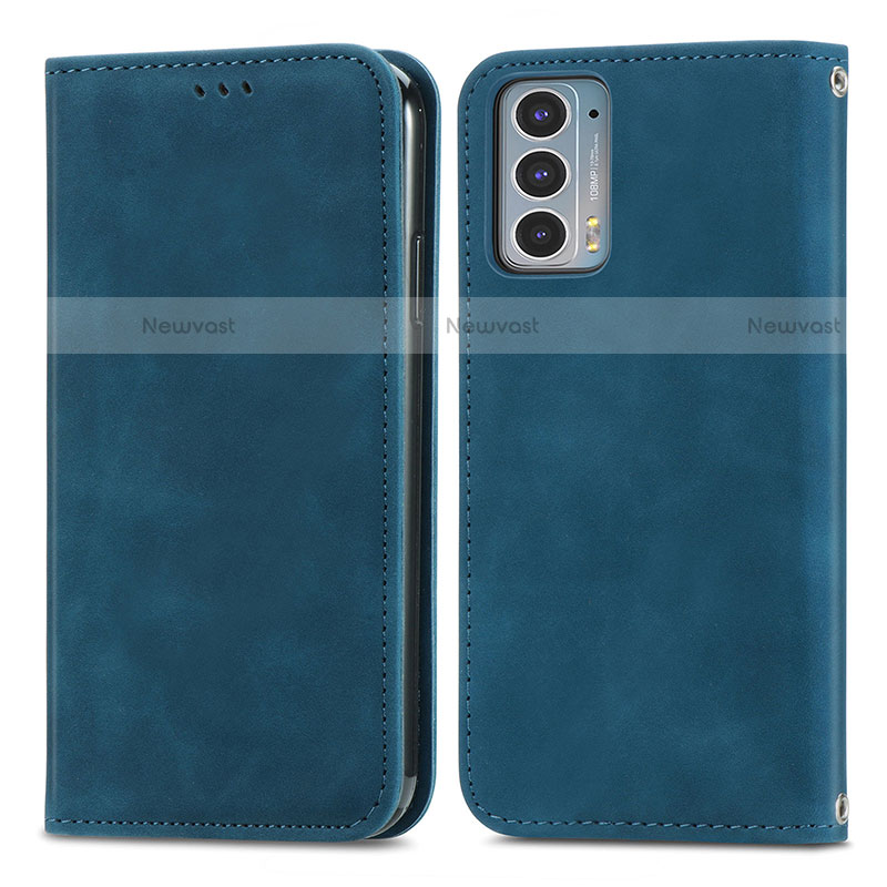 Leather Case Stands Flip Cover Holder S04D for Motorola Moto Edge 20 5G Blue