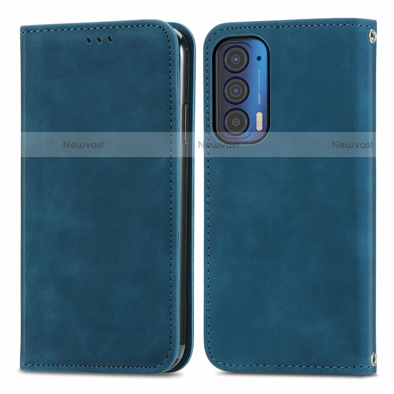 Leather Case Stands Flip Cover Holder S04D for Motorola Moto Edge (2021) 5G Blue