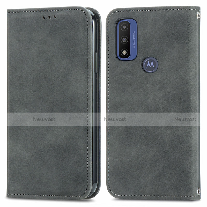 Leather Case Stands Flip Cover Holder S04D for Motorola Moto G Pure Gray