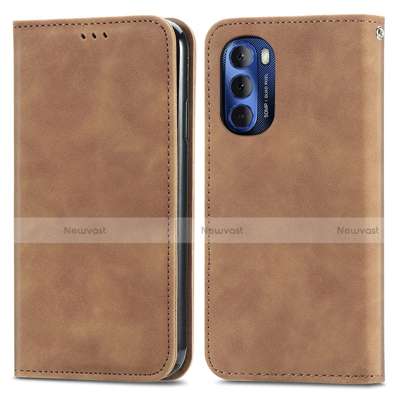 Leather Case Stands Flip Cover Holder S04D for Motorola Moto G Stylus (2022) 5G Brown