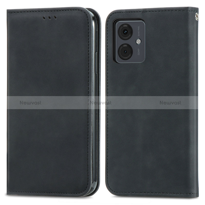 Leather Case Stands Flip Cover Holder S04D for Motorola Moto G14 Black