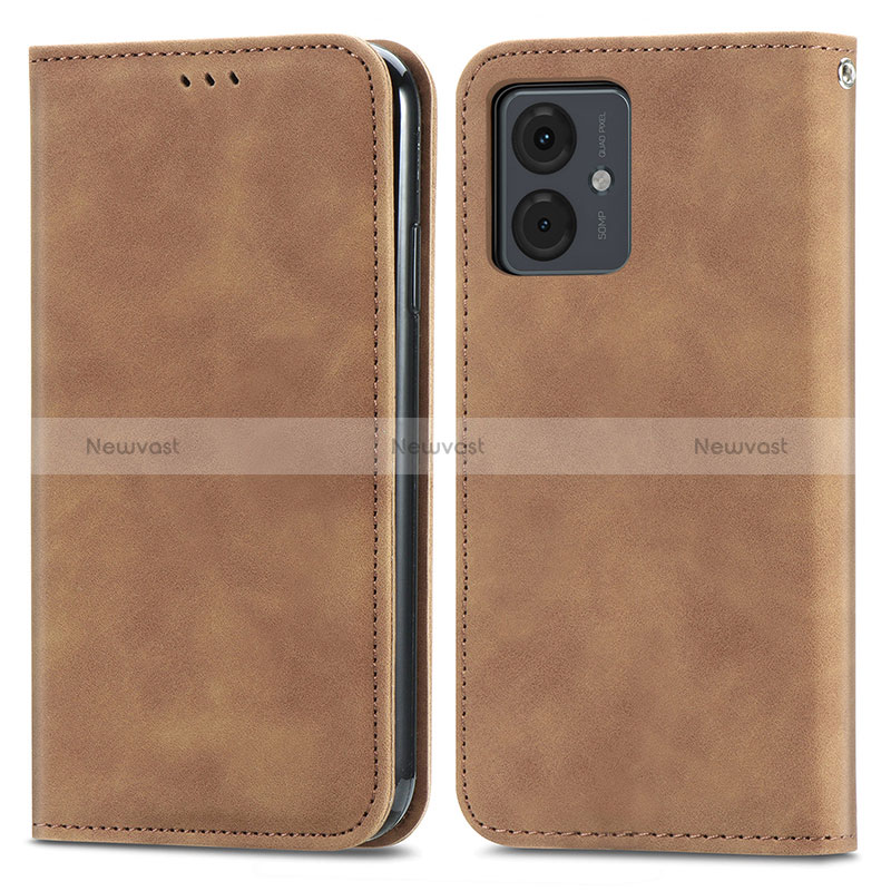 Leather Case Stands Flip Cover Holder S04D for Motorola Moto G14 Brown