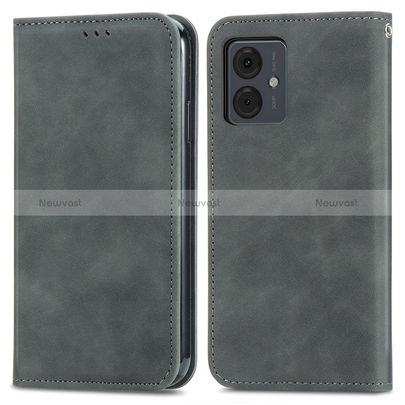 Leather Case Stands Flip Cover Holder S04D for Motorola Moto G14 Gray