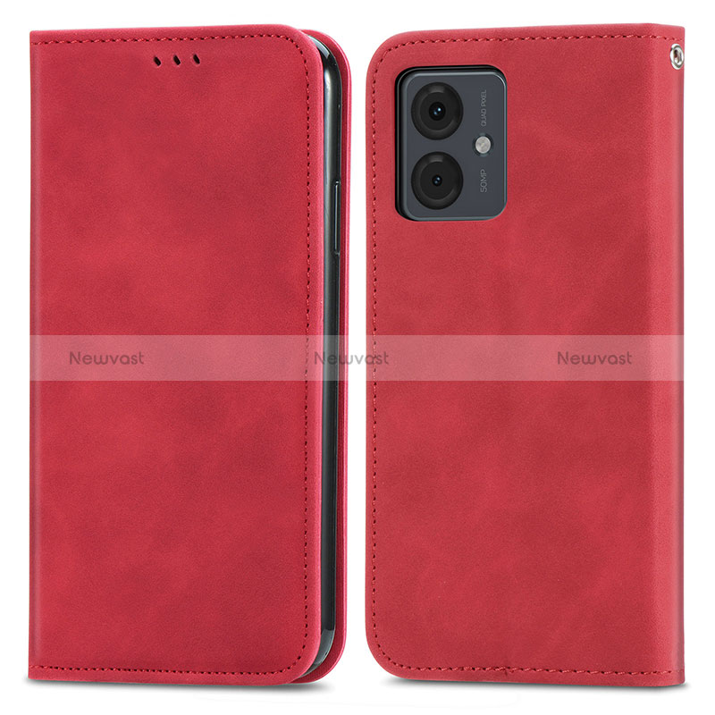 Leather Case Stands Flip Cover Holder S04D for Motorola Moto G14 Red