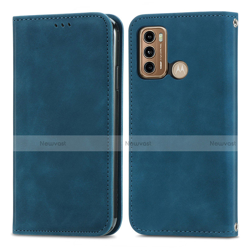 Leather Case Stands Flip Cover Holder S04D for Motorola Moto G40 Fusion Blue