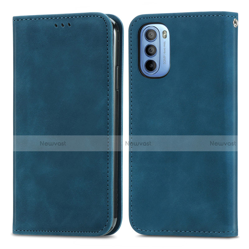 Leather Case Stands Flip Cover Holder S04D for Motorola Moto G41 Blue