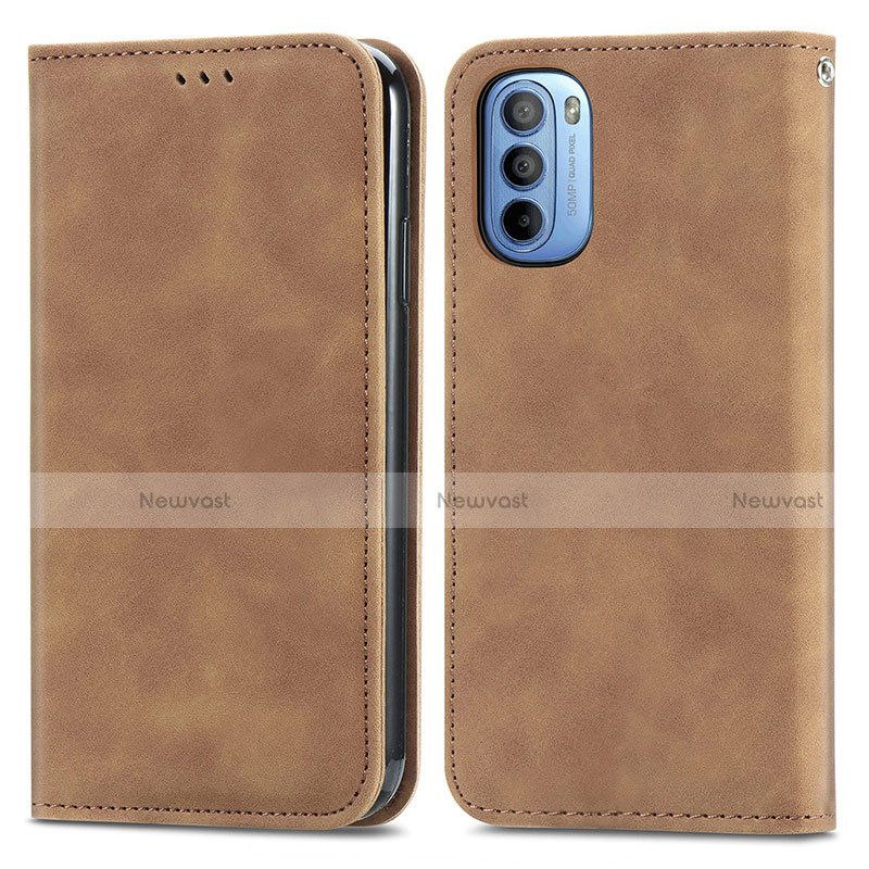 Leather Case Stands Flip Cover Holder S04D for Motorola Moto G41 Brown