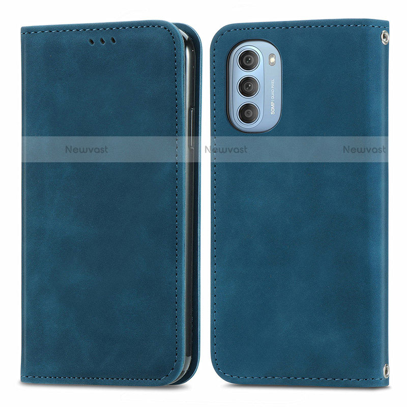 Leather Case Stands Flip Cover Holder S04D for Motorola Moto G51 5G Blue