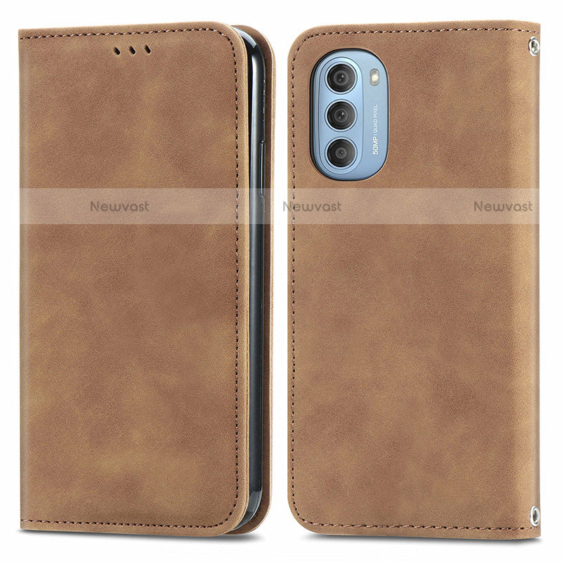 Leather Case Stands Flip Cover Holder S04D for Motorola Moto G51 5G Brown