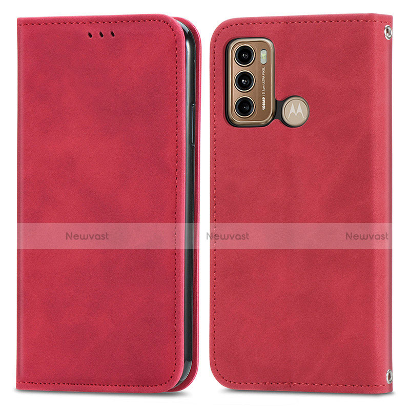 Leather Case Stands Flip Cover Holder S04D for Motorola Moto G60 Red