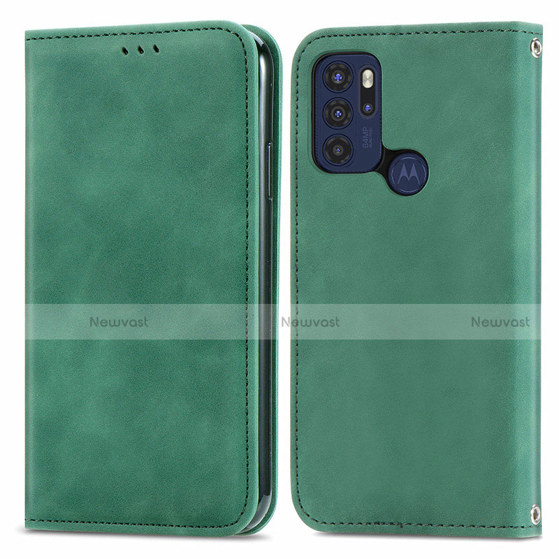 Leather Case Stands Flip Cover Holder S04D for Motorola Moto G60s Green