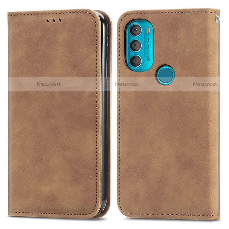 Leather Case Stands Flip Cover Holder S04D for Motorola Moto G71 5G Brown