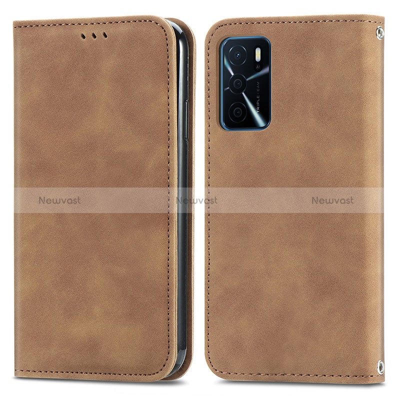 Leather Case Stands Flip Cover Holder S04D for Oppo A16 Brown