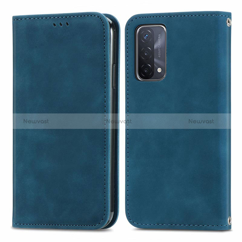Leather Case Stands Flip Cover Holder S04D for Oppo A54 5G Blue