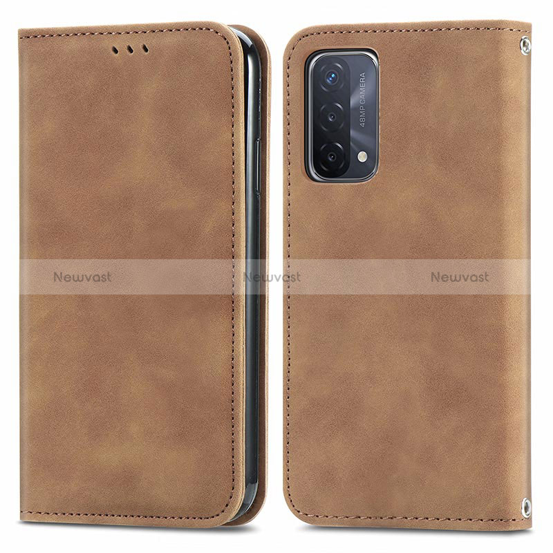 Leather Case Stands Flip Cover Holder S04D for Oppo A54 5G Brown