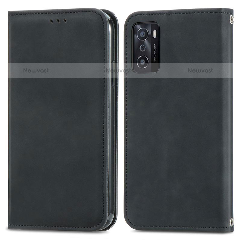 Leather Case Stands Flip Cover Holder S04D for Oppo A55S 5G Black