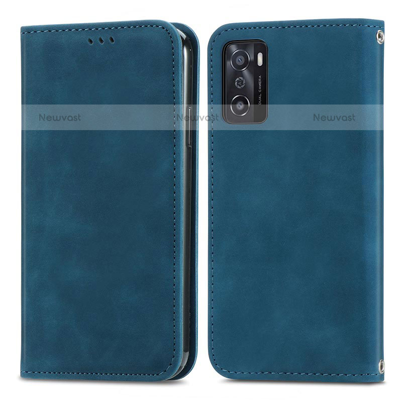 Leather Case Stands Flip Cover Holder S04D for Oppo A55S 5G Blue