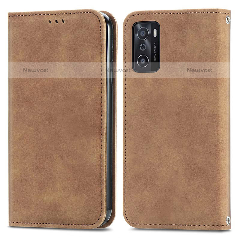 Leather Case Stands Flip Cover Holder S04D for Oppo A55S 5G Brown