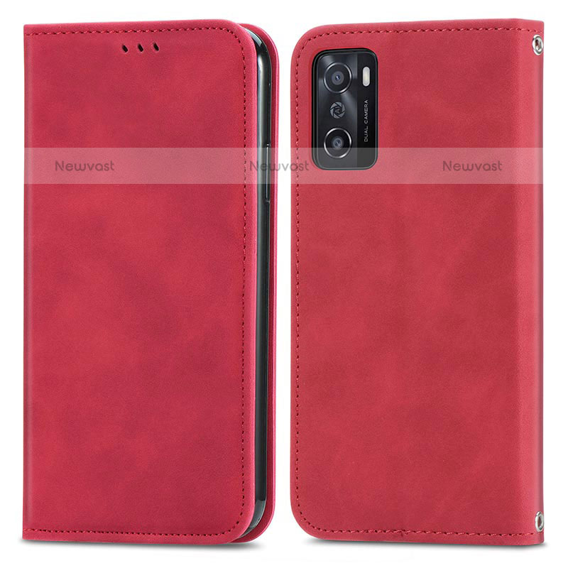 Leather Case Stands Flip Cover Holder S04D for Oppo A55S 5G Red