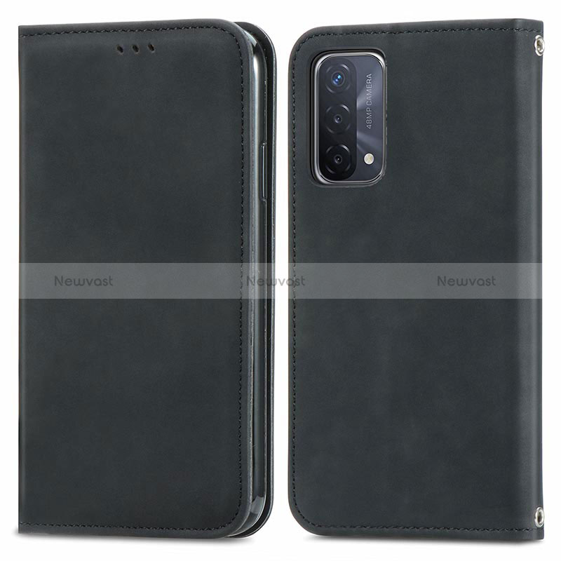 Leather Case Stands Flip Cover Holder S04D for Oppo A74 5G Black