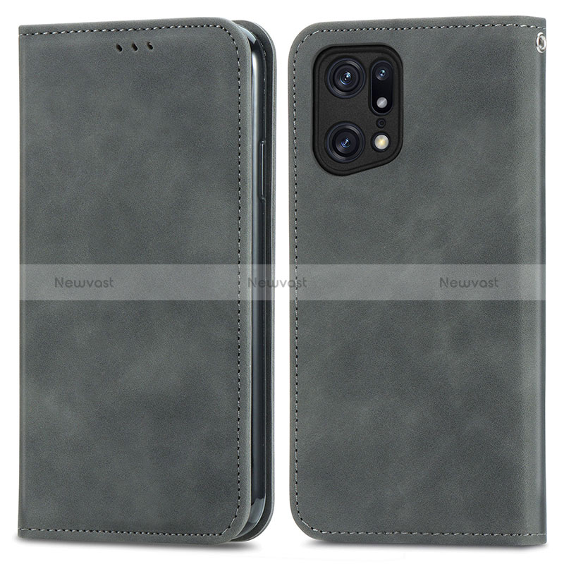 Leather Case Stands Flip Cover Holder S04D for Oppo Find X5 5G Gray